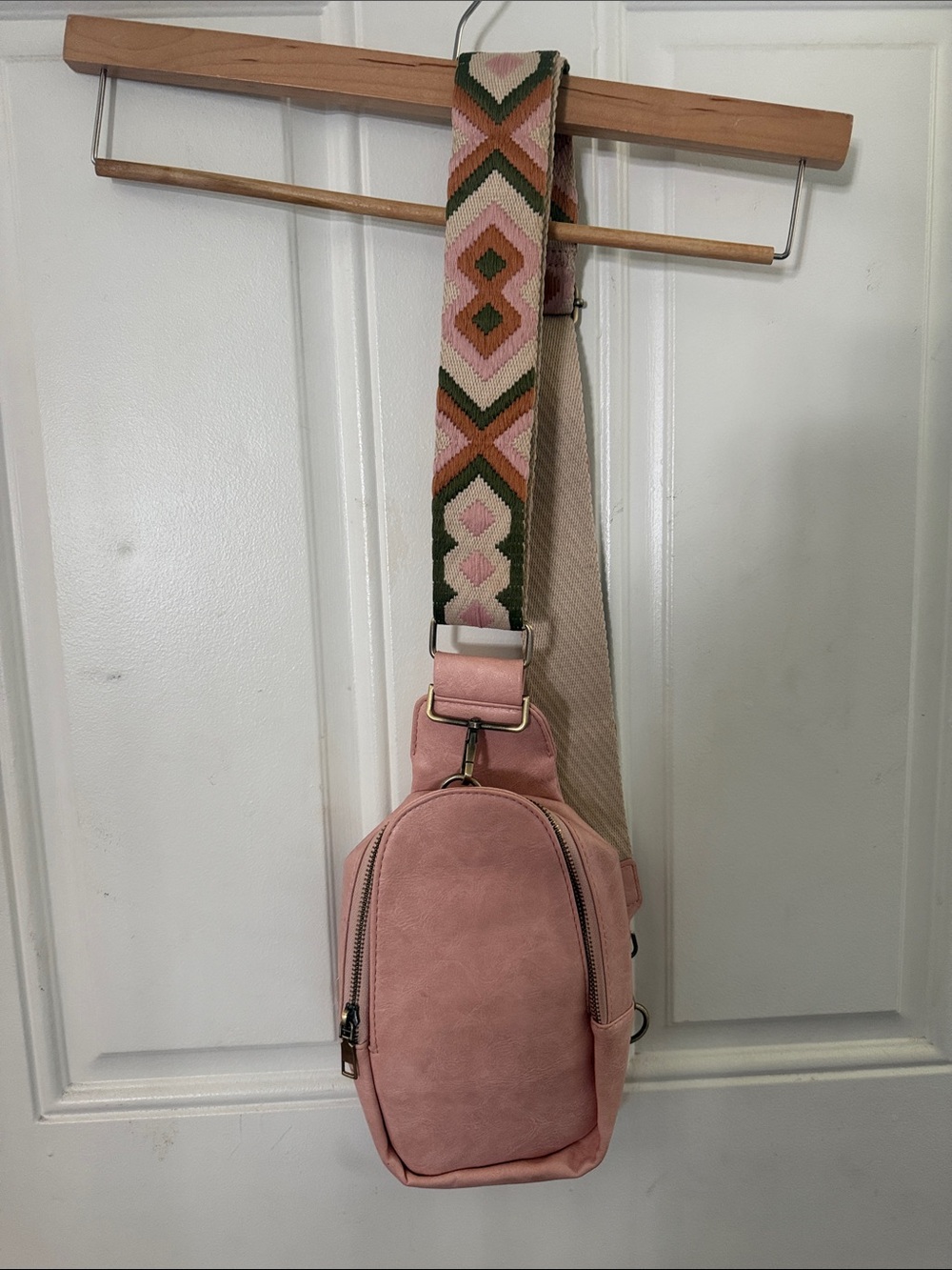 Pink Crossbody Sling Bag with Patterned Strap